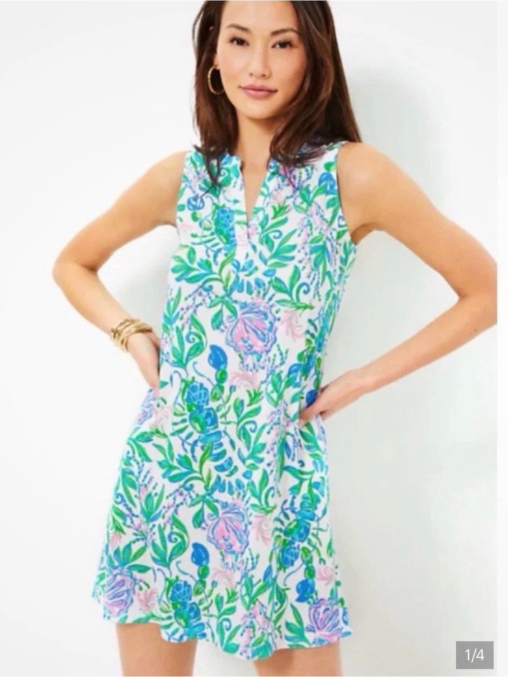 Sleeveless Floral V-Neck Shift Dress in Blue, Green & Pink - Picture 6 of 6
